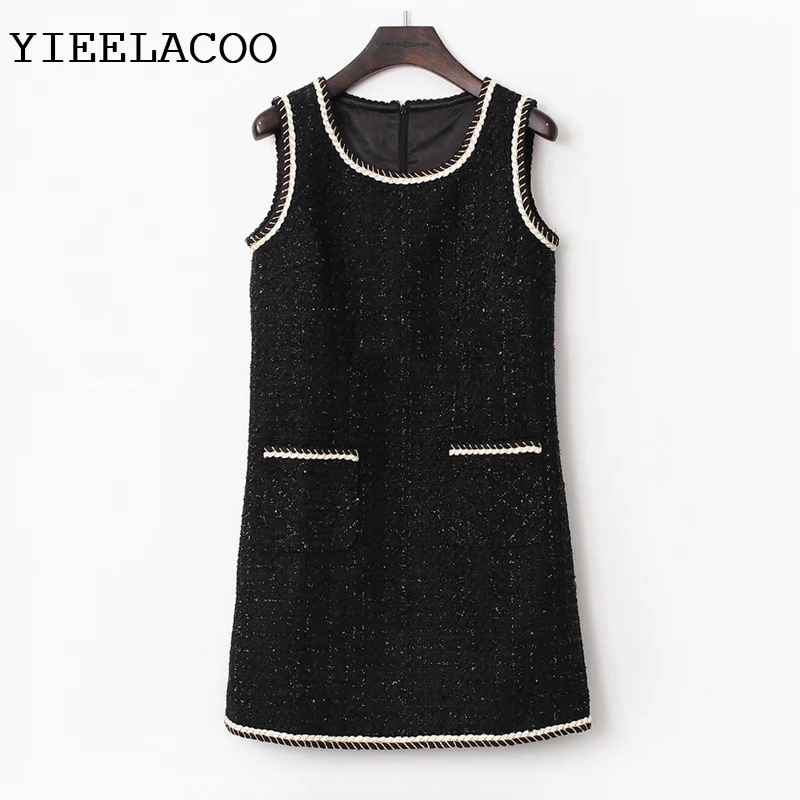 

Black Tweed Dress Elegant Holiday Sparkling Bright Braided Autumn and Winter Women's Dress One-Piece Ladies Dress