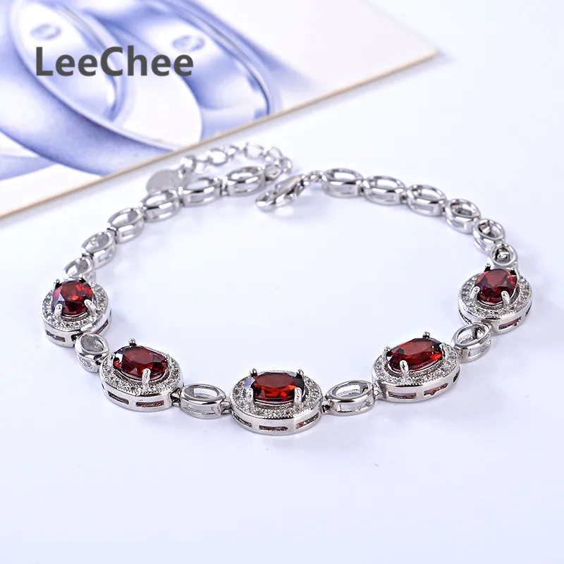 LeeChee 100% Natural Garnet Bracelet for Women Birthday Gift 5*7MM Wine Red Gemstone Fashion Jewelry Real 925 Sterling Silver