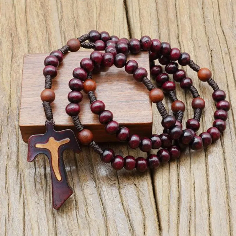 Franciscan Corolla Design Rosary 8mm Peach Wood Cross Christian Bracelet Catholic Relic Rosarios catolicos religious jewelry New