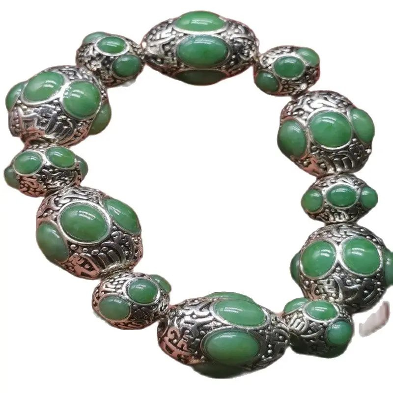 

China Old Tibetan Silver Inlaid Green Colour Jade Bead Hand String Bracelet