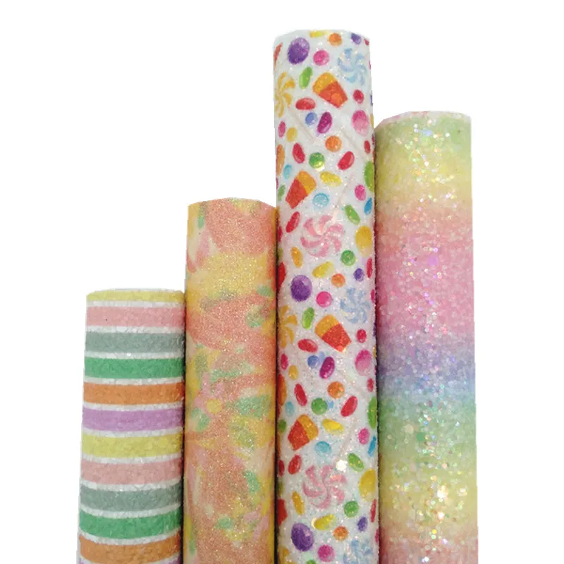 4PCS/SET Candies Stripes Printed Glitter Vinyl Fabric Matching with Rainbow Glitter Faux Leather For Bows Earrings 21X29CM Q218