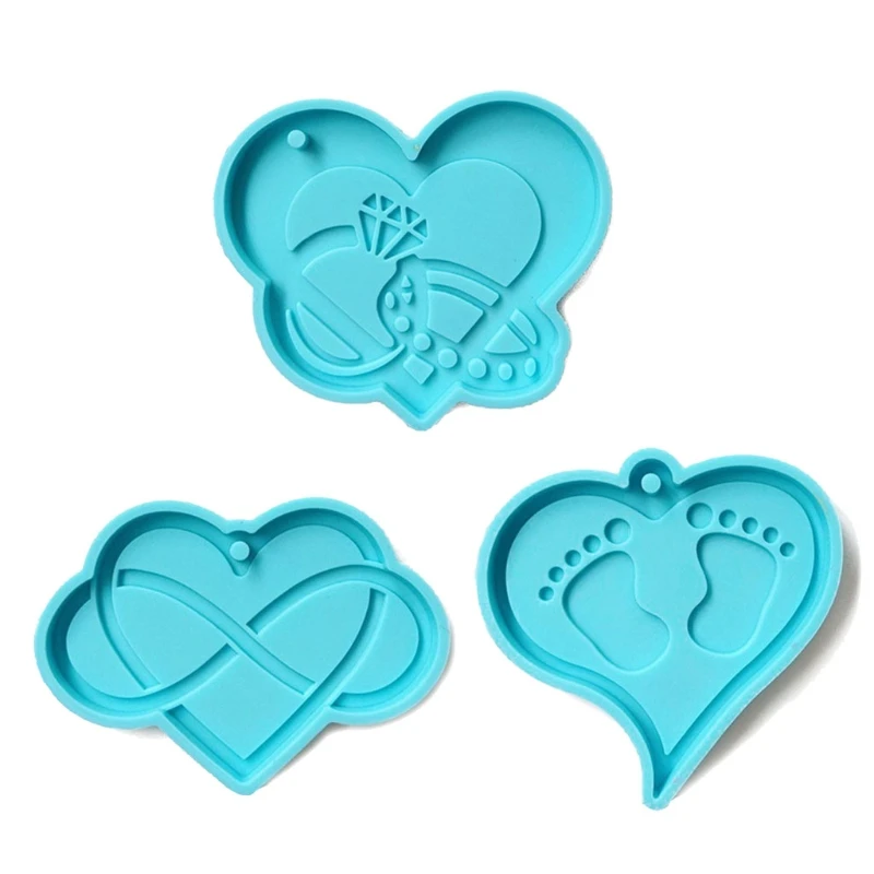 3 Pcs DIY Love Heart Keychains Epoxy Resin Mold Necklace Pendant Silicone Mould