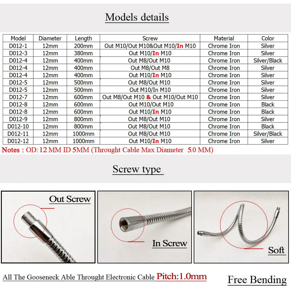 LED Gooseneck Dia12mm Universal table lamp Flexible holder led hose Chrone Iron holder L:200-1000mm Screw Pitch 1.0mm Desk Lamps