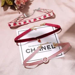 Korea Fashion Lace Fabric Strawberry Pendant Necklace Female Simple Printed Flower Cotton Girl Chokers Accessories Jewelry