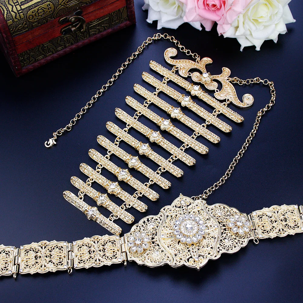 Sunspicems Chic Caucasus Bride Wedding Jewelry Sets Women Belt Breastplate Set Gold Color Turkish Waist Belt Chain Necklace Gift