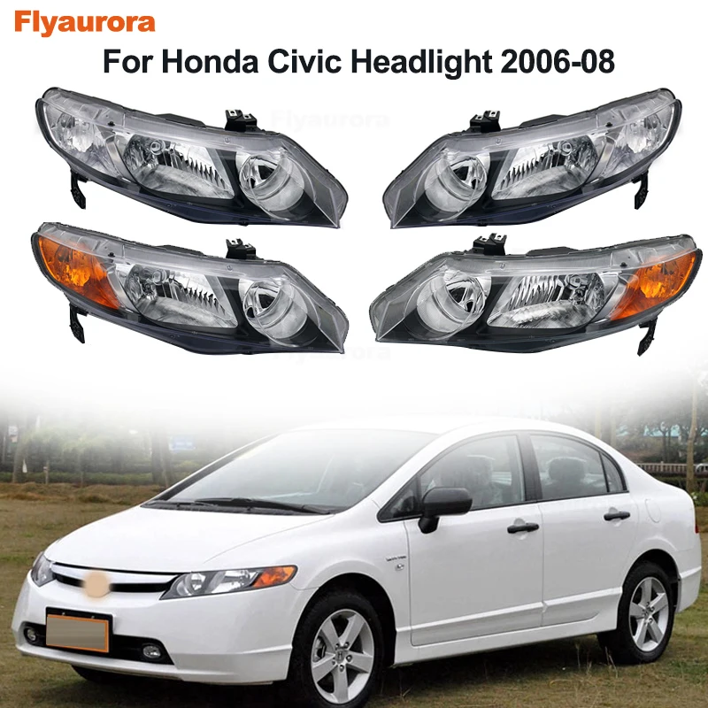 For Honda 8th Gen 4DR Sedan 2006 2007 2008 2009 2010/11 Pair of Black Clear Corner Headlights Assembly Headlamps Shade Flyaurora