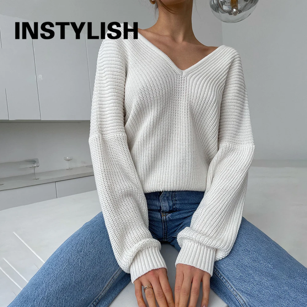 Women Oversized Sweater Elegant Double V Neck Batwing Sleeve Loose Pullover Thick Knitted Pullover Casual Solid Jumper Tops