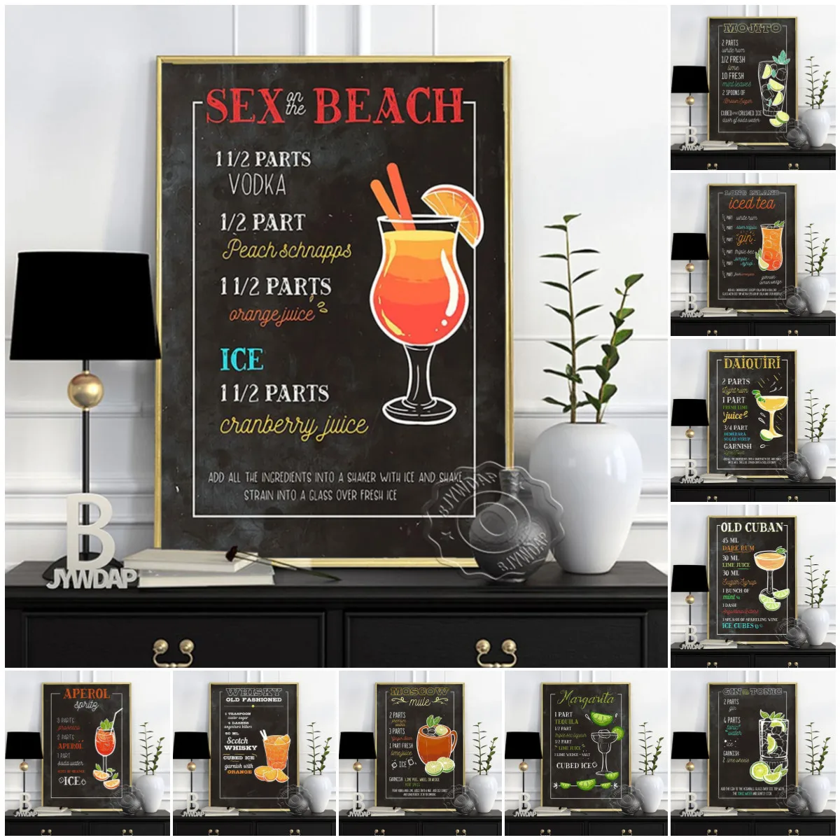 Póster de decoración de cóctel, póster con impresiones de Mojito Daiquiri, cuadro de pared de apertura cubana antigua, arte de pared de Whisky, decoración de pared de Bar