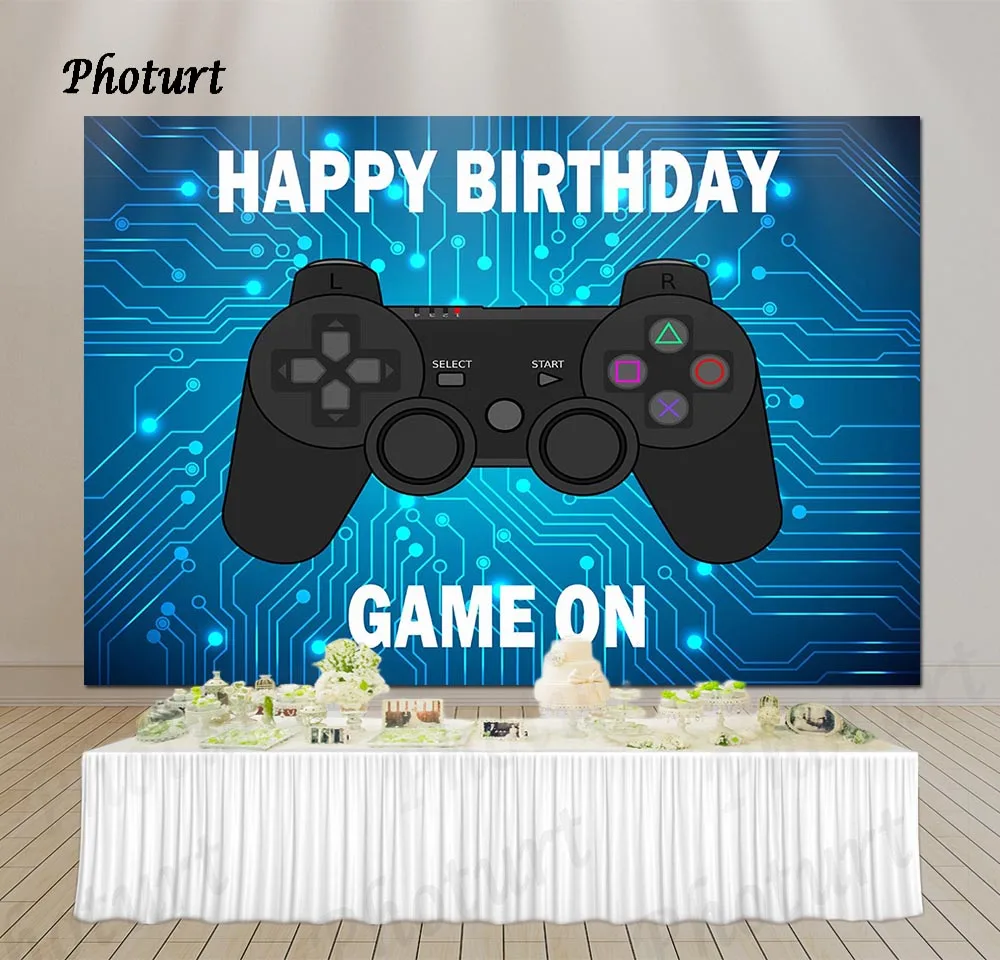 PHOTURT Play Station Controller Backdrop Kids Birthday Photo Background Blue Xbox Game on Vinyl Photography Booth Props