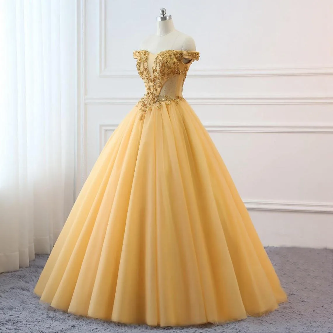 Gold Prom Ball Gown Beaded Off Shoulder Quinceanera Dress Tulle Masquerade Prom Dress Wedding Bride Gown  Custom Size Colors