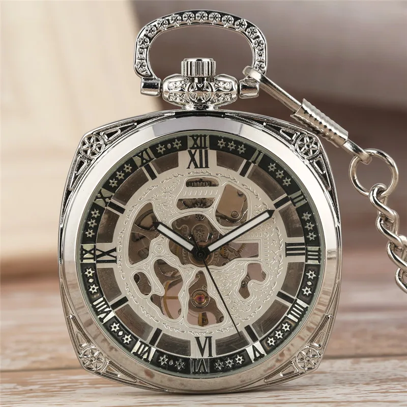 Silver Square Case Hand-Wind Mechanical Pocket Watch for Men Women Roman Numeral Luminous Hands Pendant Chain Skeleton Clock