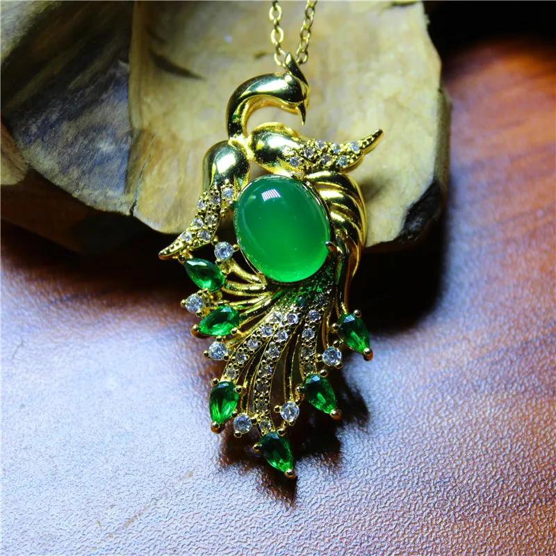 Liemjee Wholesale Fashion Jewelry Green Agate Silver Plated Phoenix Necklace for Women Luxury Namour Charm Gift All Seasons