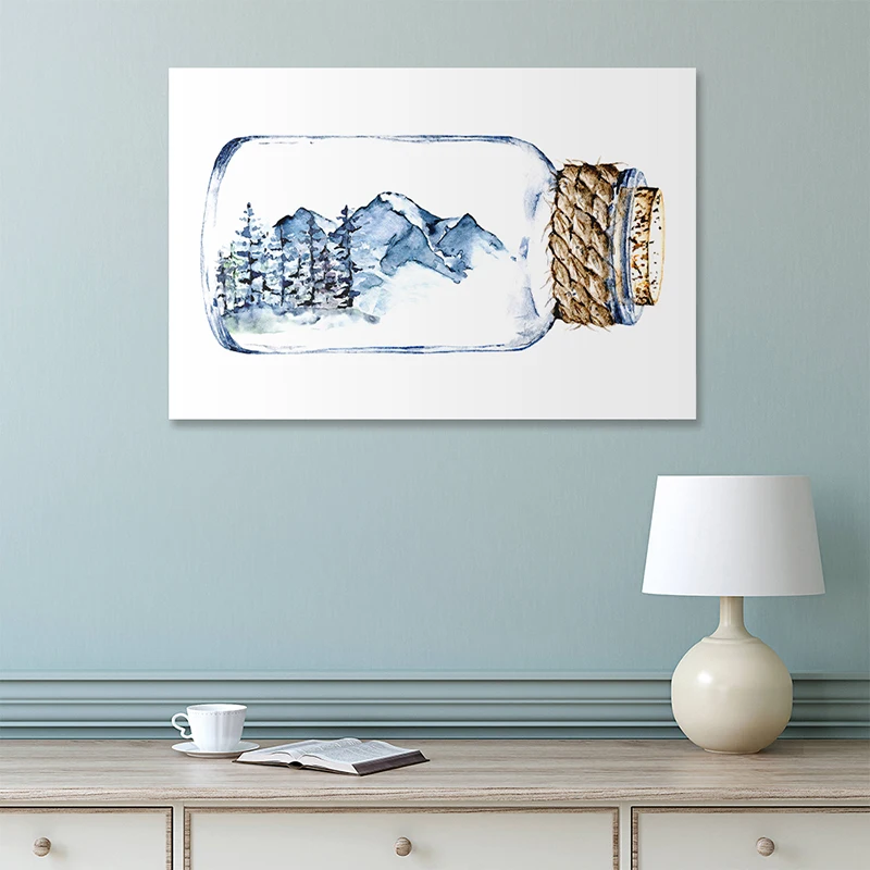 Abstract Mountain and Forest Watercolor Painting in The Bottle Poster Wall Art Canvas Print Pictures for Living Room Home Decor
