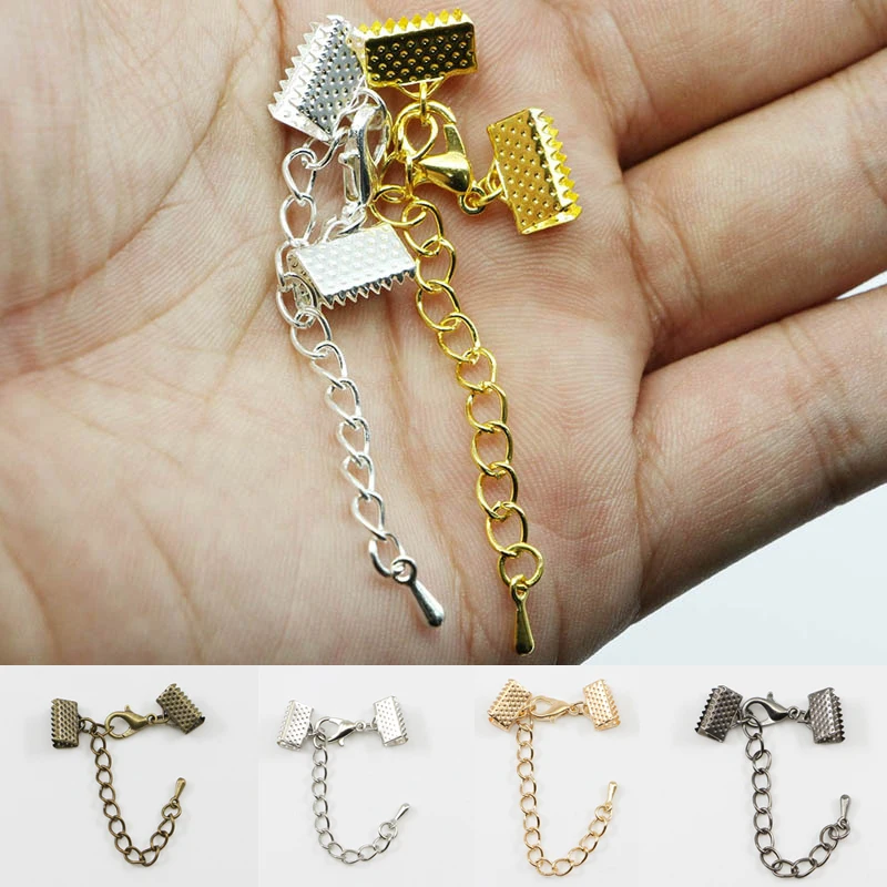 10pcs/lot Ribbons Leather Cord End Fastener Clasps With Chains Lobster Clasps Connectors For Bracelet DIY Jewelry Making Finding