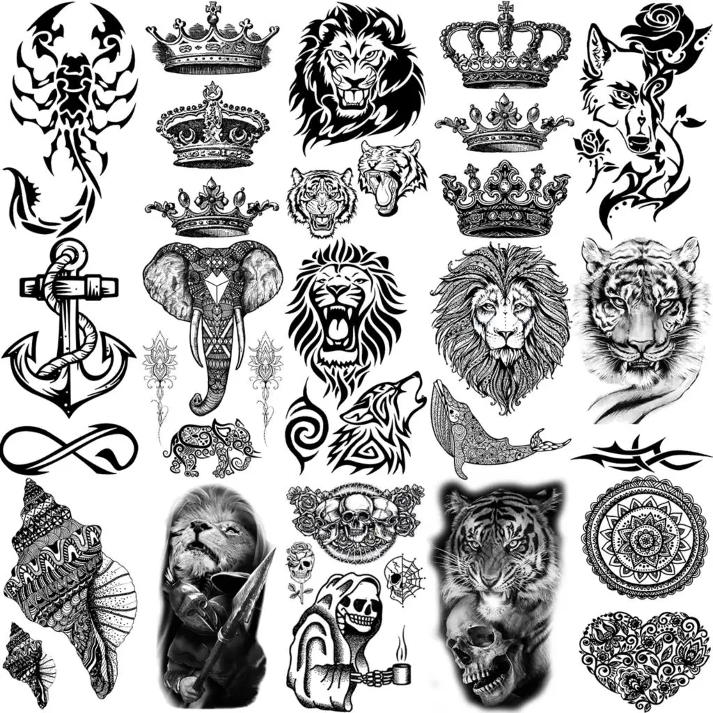 Lion Tiger Elephant Wolf Temporary Tattoos For Women Adult Men Skull Mandala Anchor Crown Fake Tattoo Neck Arm Hands Small Tatoo