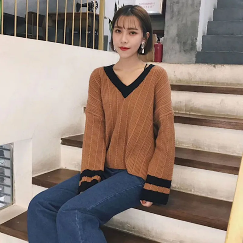 Japanese Autumn Women Sweater Harajuku V-neck Oversize Long Sleeve Knitted Pullover Solid Color Female Punk  Jumper .