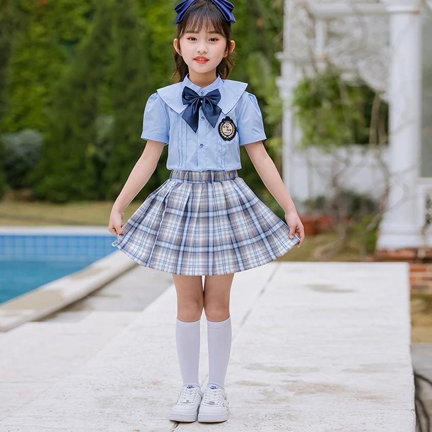 Anime Cosplay Kostuum School Uniformen Student Kids Meisjes Jongens Primaire Kleding Plaid Rokken Stadium Kostuums Blauw Shirt Matrozenpakje