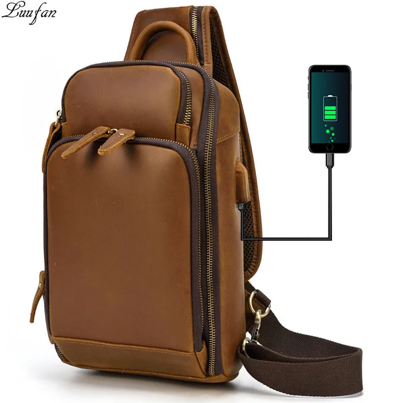 Genuine Leather Men Chest Pack Vintage crazy horse leather Summer Crossbody Bag Travel Sling Shoulder Bags iPAD Crossbody  bags