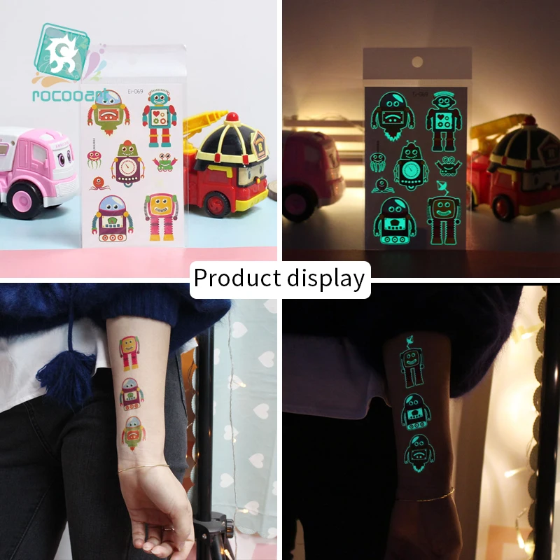 Rocooart Kids Cartoon Tattoo Stickers Luminous Robot Tatoos Childs Waterproof Taty Glowing in Dark Tatto For Children Body Art