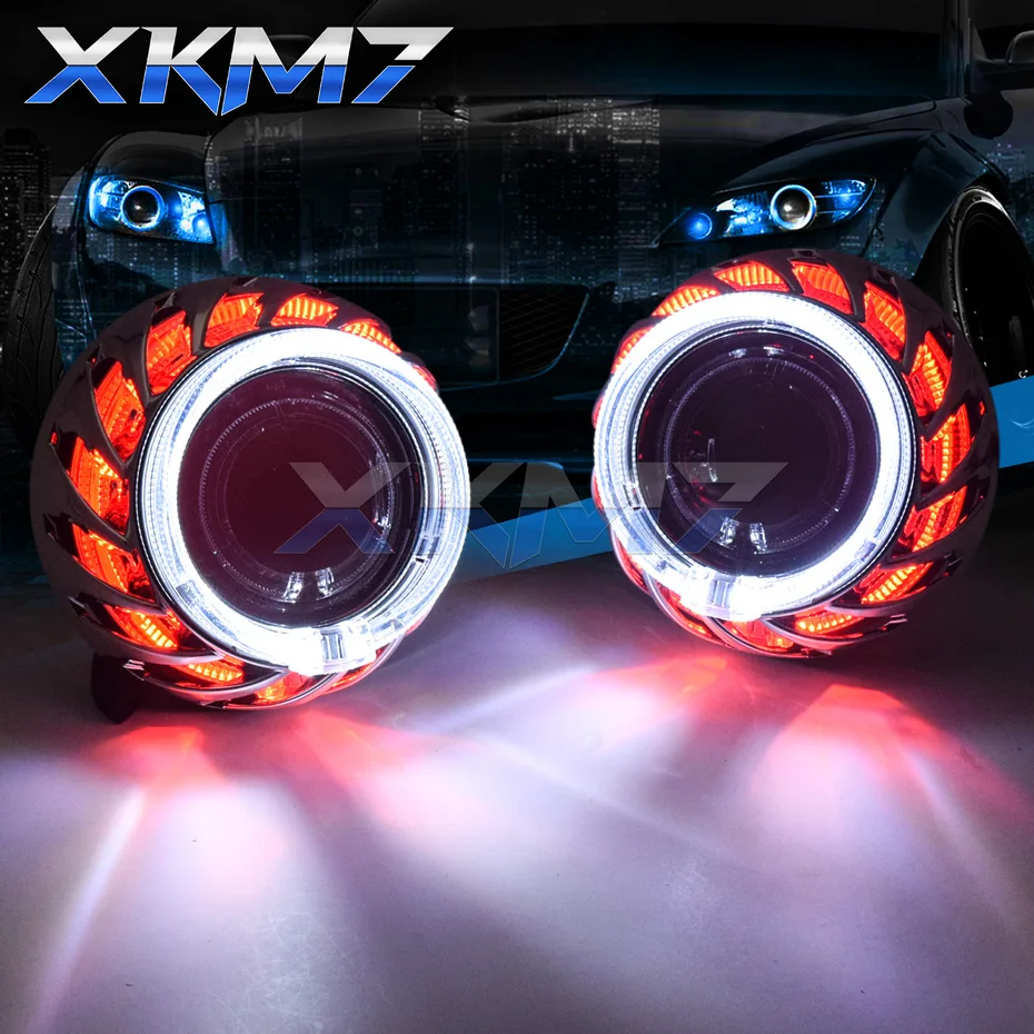 Turbine LED Angel Eyes Bi-xenon Lens Dual Halo Rings Projector Kit