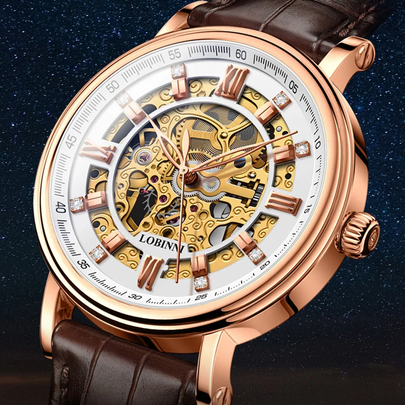 

LOBINNI Men's Vintage Business Automatic Watches Skeleton Dial Rose Gold Tone Brown Leather Strap Mechanical Watches