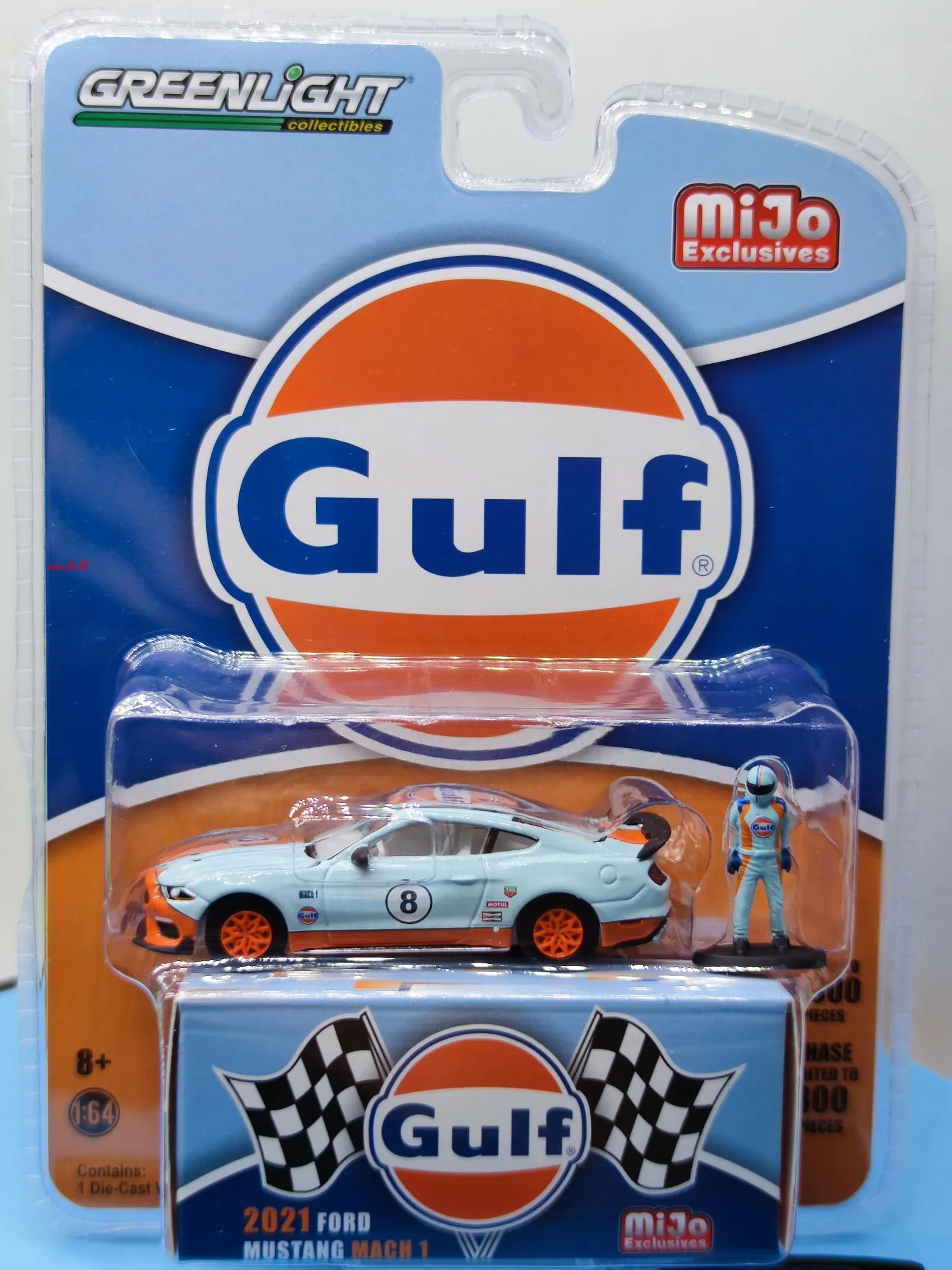 NEW GREENLIGHT 1:64 2021 Ford Mustang Macn 1 gulf #8 Limited custom collection die-cast alloy car model with GULF dolls