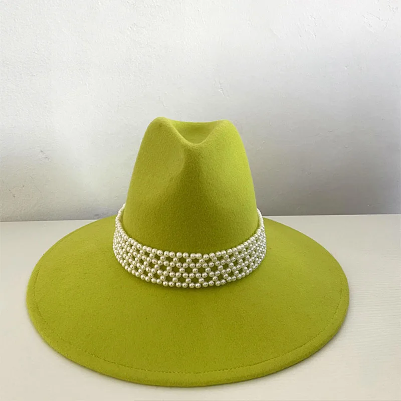 Hats For Women Autumn Winter High Top Jazz Wool Top Hat Green Fashion Flat Pearl Decoration Top Cap Female Windproof New 2021