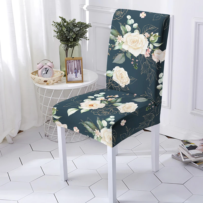 Rose Printed Stretch Chair Cover For Dining Room Office Banquet Chairs Protector Elastic Material Armless Seat Covers