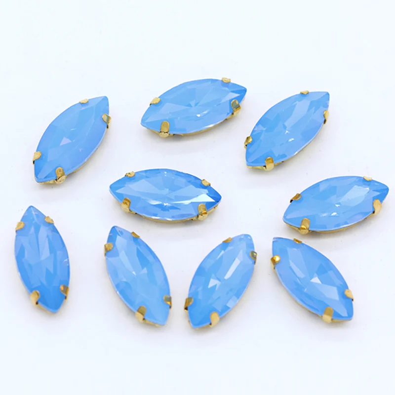 Fashion Opal Stones Navette Horse eye shape Glass Crystal Sew On Rhinestones With Golden  Claw  For Sewing Clothing wedding Diy