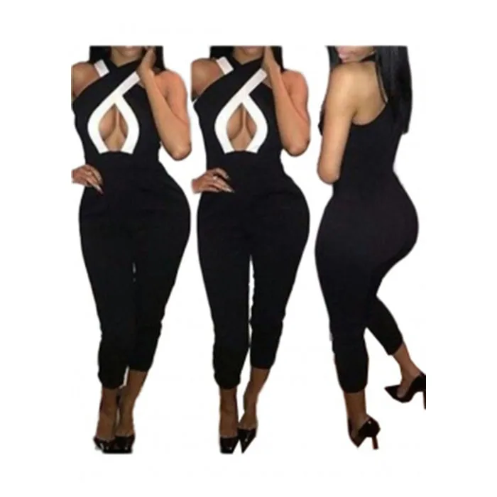 Women Spaghetti Strap Off Shoulder Jumpsuit Elegant Color Block Bodycon Long Overalls Jumpsuit Summer Fall Streetwear Clubwear