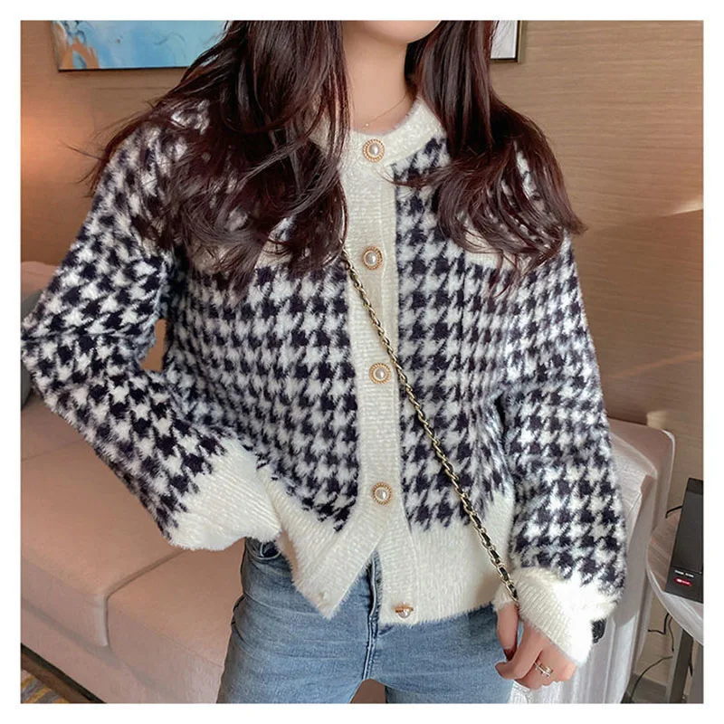 Korean Pink Plaid Short Sweater Cardigan Tops Women Elegant Faux Mink Cashmere Knitwear Coats Fall Winter O-neck Knitted Abrigos