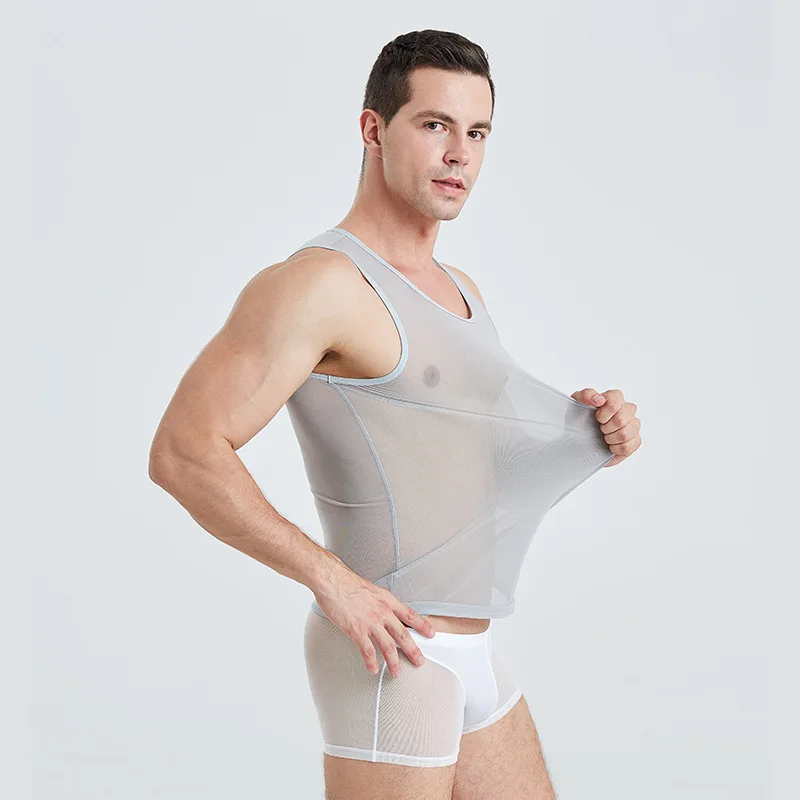 Sexy Men Tank Top Elastic Mesh See Through Breathable Muscle Vest Sexy Sleeveless T Shirts Loose Casual Sleepwear Undershirts