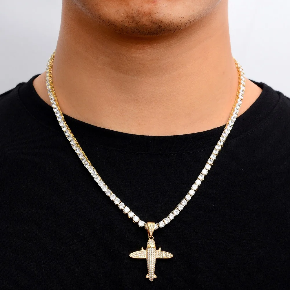 Bling Bling Aircraft Necklace & Pendant with Twist Chain Gold Silver Color Cubic Zircon Men's Women Hip Hop Jewelry for Gift