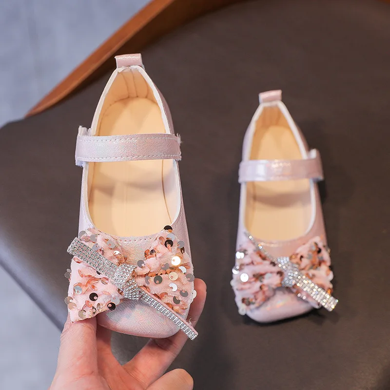 

Girls' Leather Shoes 2021 Autumn New Bow-knot Sequins Princess Shoes Children's Soft Bottom Fashion All-match Flat Shoes G20