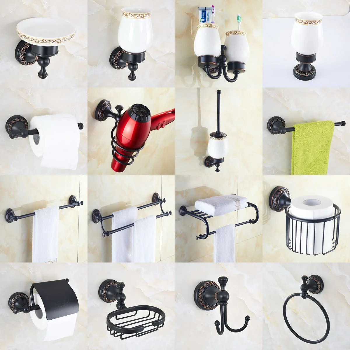 

Black Oil Rubbed Brass Carved Art Wall Mounted Bathroom Accessories Set Towel Bar Soap Dish Robe Hook Toilet Paper Holder A008