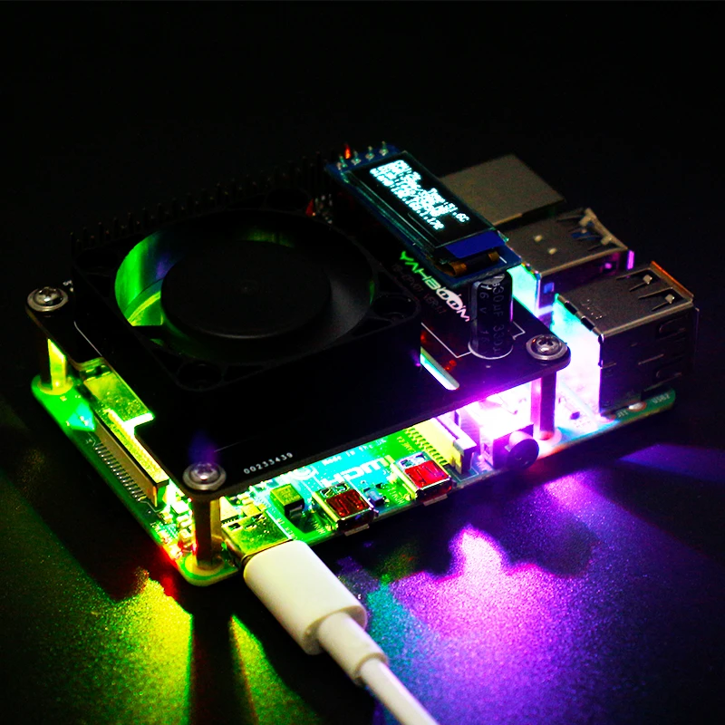 Yahboom RGB Cooling HAT placa de expansión Compatible con Raspberry Pi 5 4B 3B + con OLED y ventilador de refrigeración