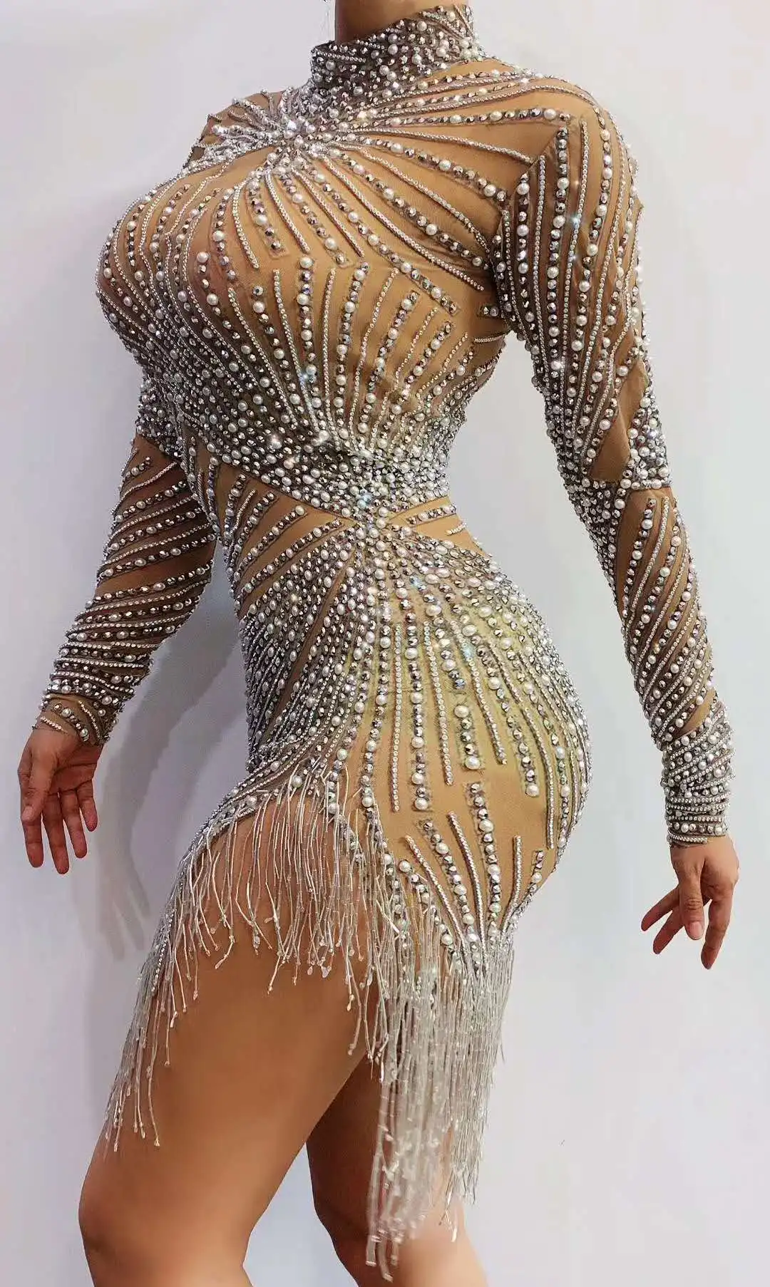 Silver Rhinestone Fringe Dress Lady Prom Evening Outfit Bar Singer See Through Mesh Shining Birthday Tassel