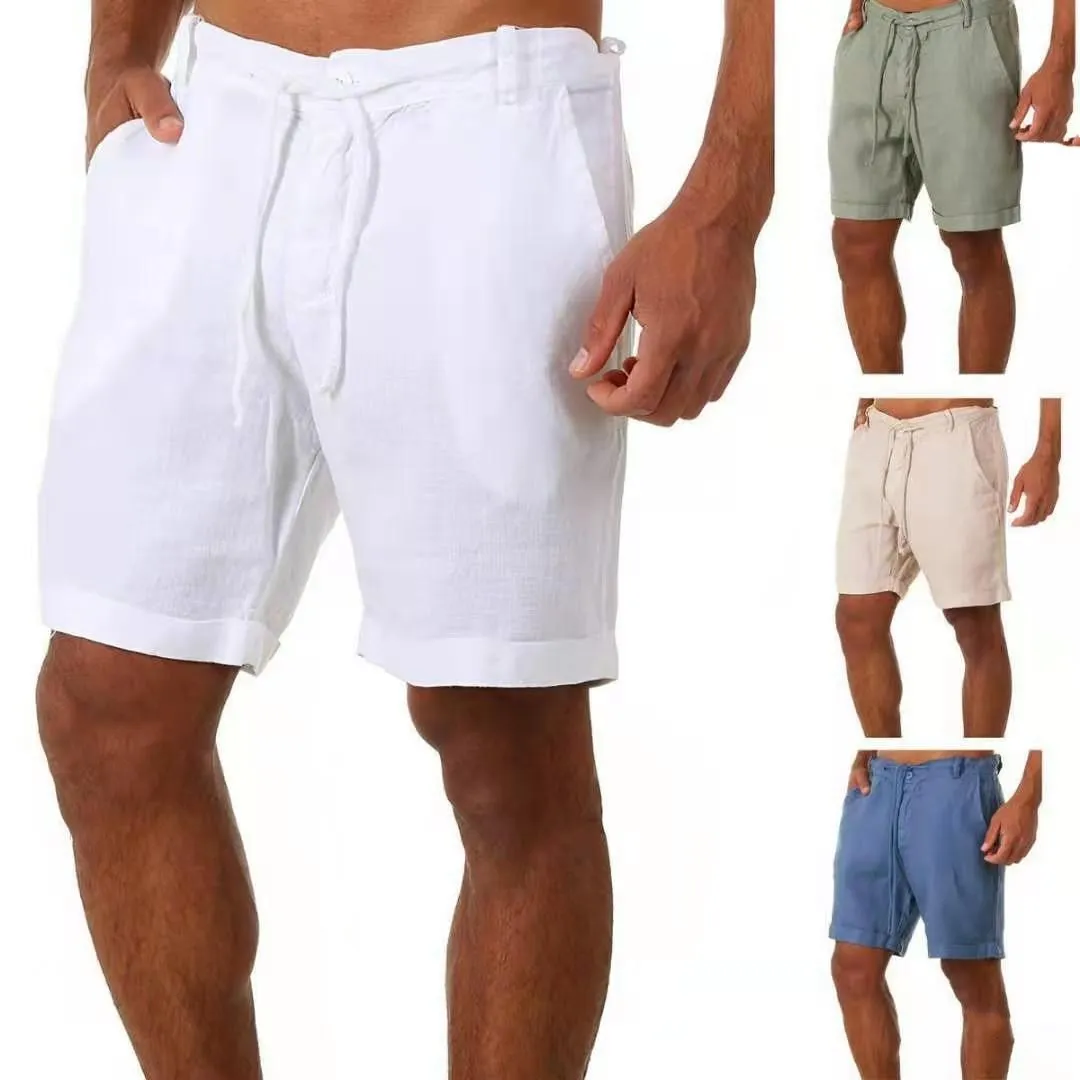 New Cotton Linen Men Shorts 2021 Summer Solid Color Lace-up Sports Shorts Men's Casual High Waist Sportswear Plus Size S-3XL