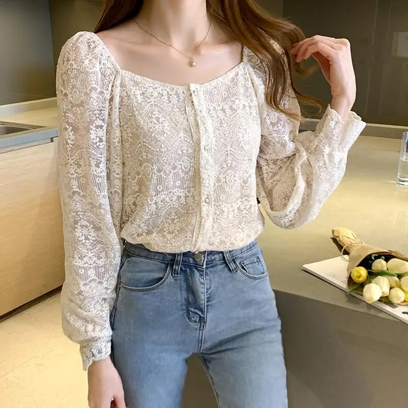 White Lace Tops 2020 Fall Autumn Long Sleeve Single Breasted Button Basic Shirts Preppy Style Women Hollow Out Crochet Lace Top