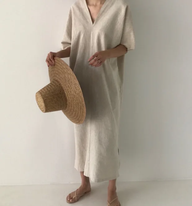 SuperAen New 2021 Summer Dress Women Korean Style Fashion Casaul Ladies Dress Solid Color Cotton Linen Women Clothing