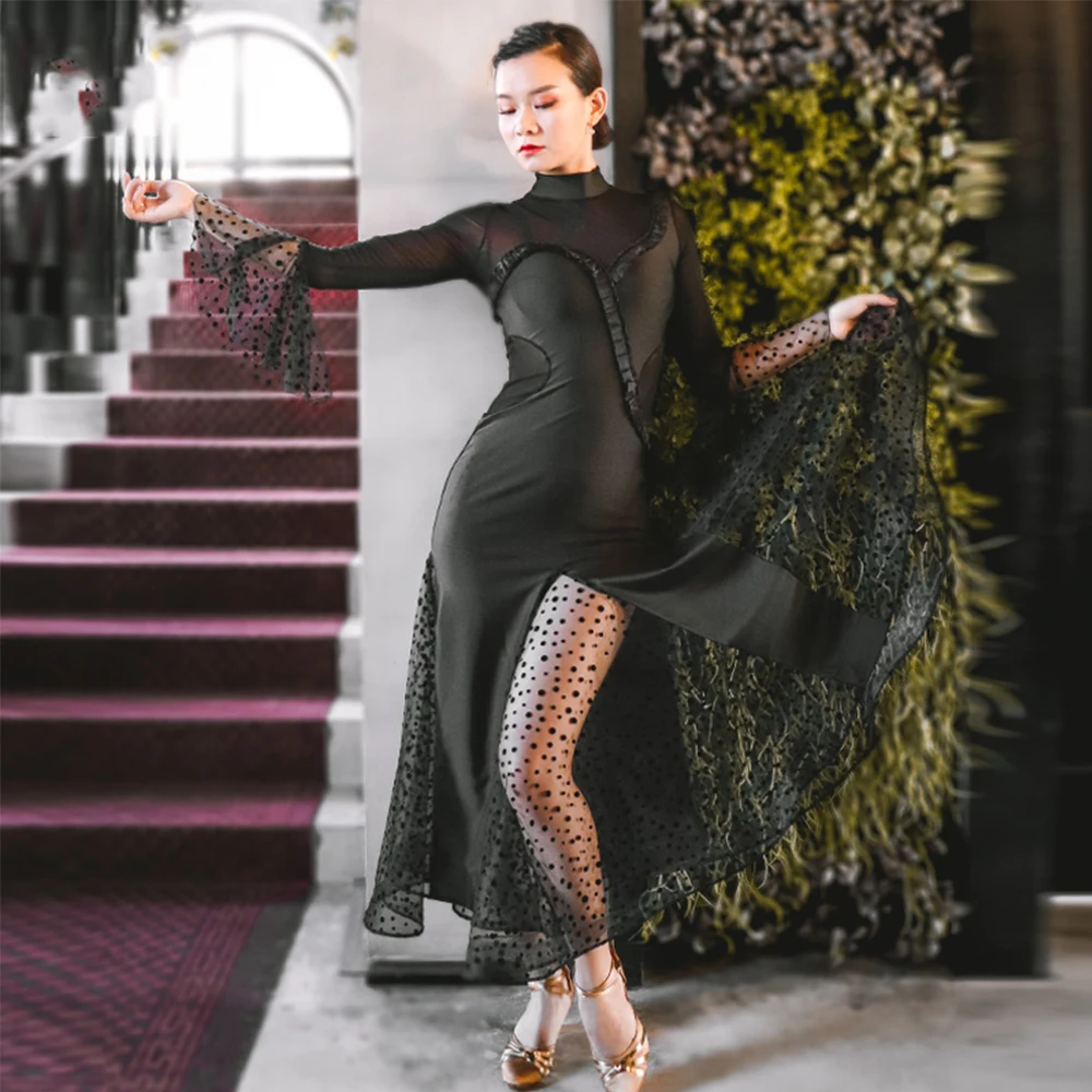 Robe de danse à grand pendule pour salle de bal, robe moderne d'entraînement de danse pour femmes, tenue de spectacle de valse Flamenco