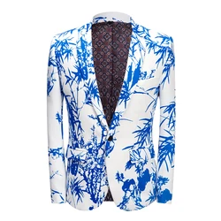 Mens Party Casual Blazer Print Blue Bamboo Pattern Design Slim Fit Men's Clothing Printed Suit Jacket Men's Wedding Dress Coat