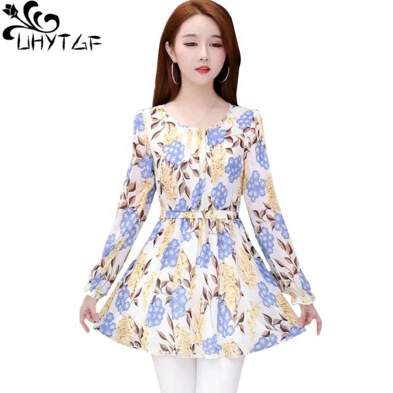 UHYTGF Hàn Quốc 5XL Size Lớn Áo Thời Trang Nữ Voan In Hình Mùa Xuân Áo Sơ Mi Nữ Tay Dài Áo Thun Chui Đầu Cổ Cho Nữ 794