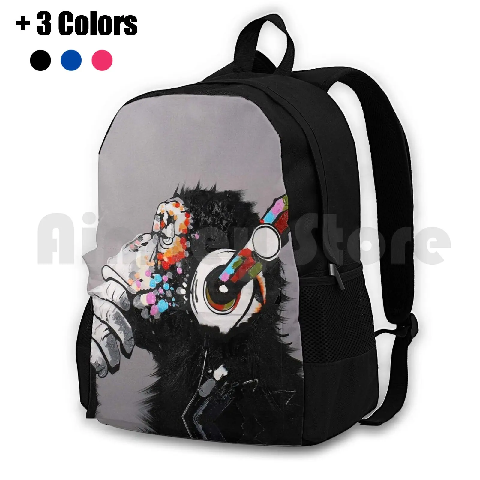 Dj Monkey With Headphones Thinking Outdoor Hiking Backpack Waterproof Camping Travel Street Art Pop Culture Graffiti Stencil