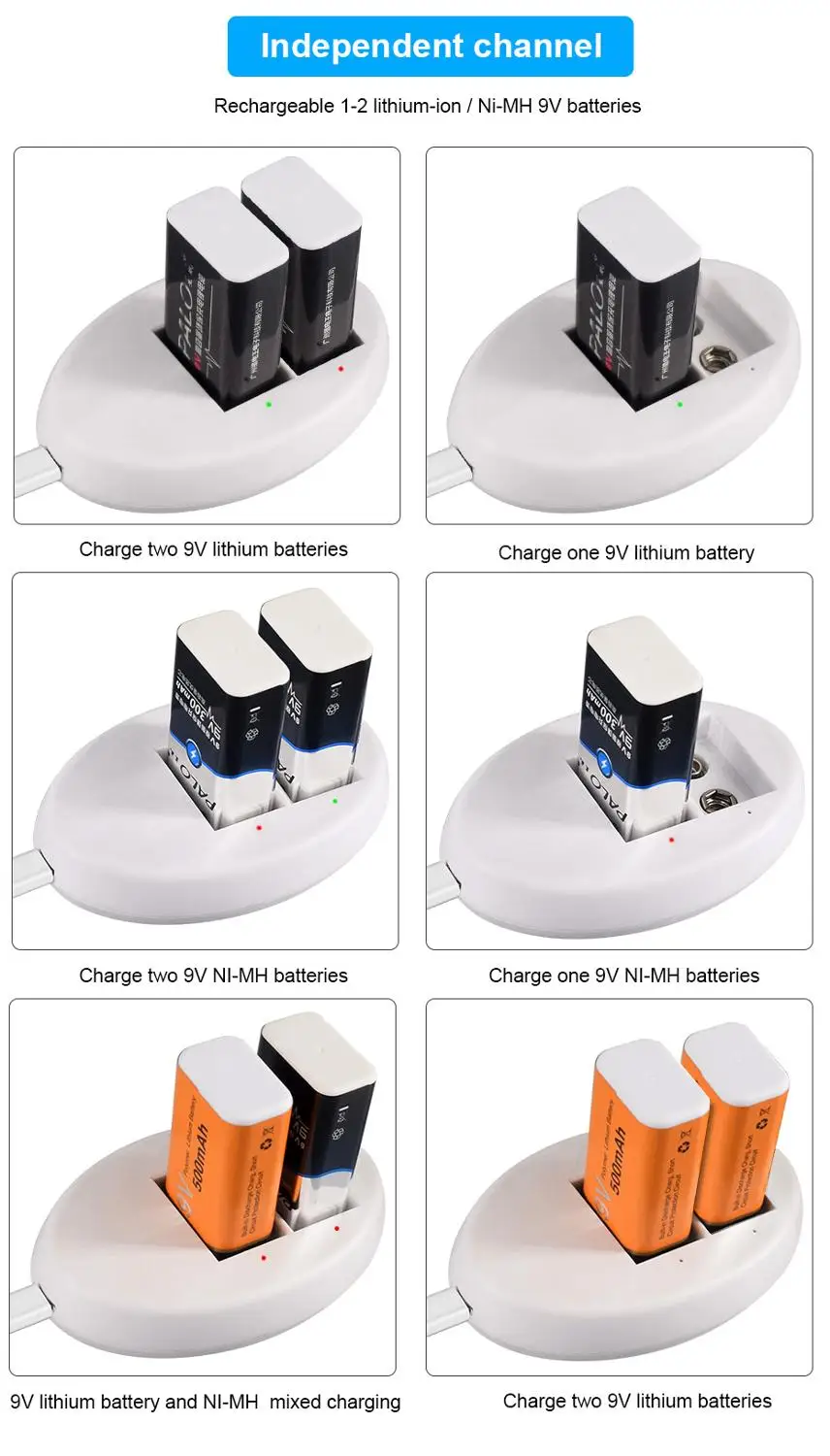 بالو 9 فولت ليثيوم أيون Ni-mh Ni-Cd شاحن بطارية مع قابس الاتحاد الأوروبي ومنفذ شحن USB