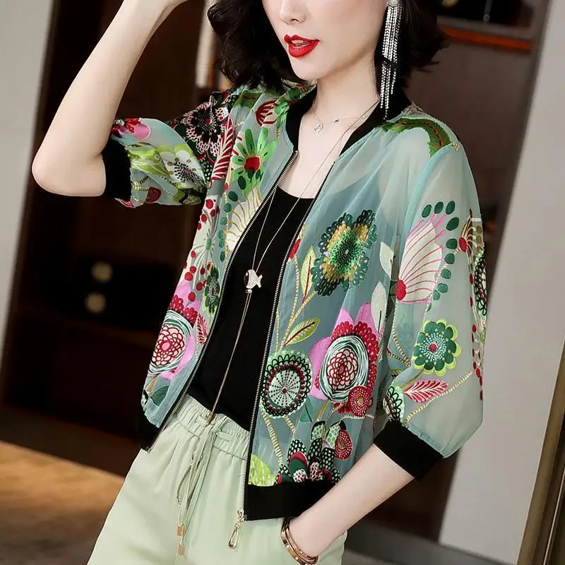 Women Baseball Coat Spring Summer Sun Protection Printed Jacket Lady Thin Tops 5XL Three Quarter Sleeve Clothing