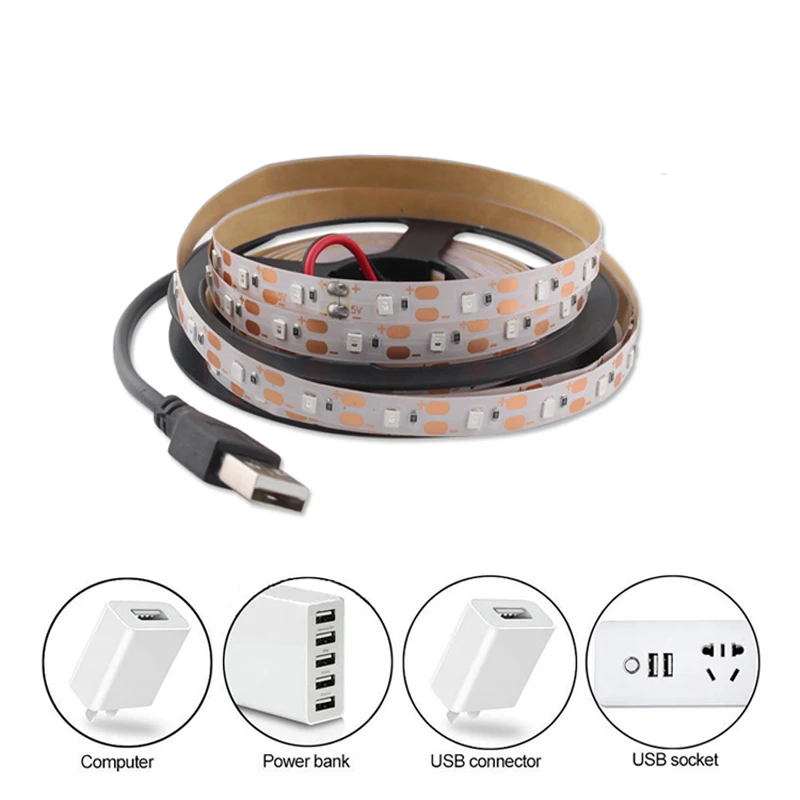 USB LED Strip Light para luz de fundo de TV, diodo de fita, lâmpada, computador, TV, PC, não impermeável, branco quente, DC 5 V, 2835