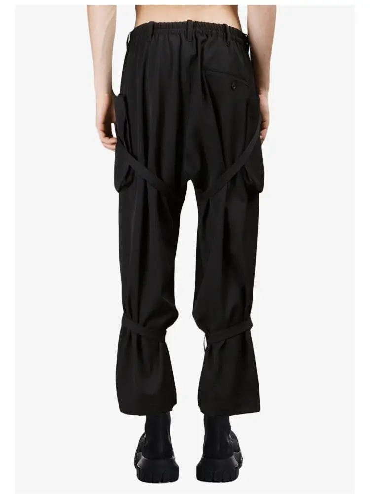 New dark autumn and winter black collocation, men's loose Japanese retro trend straight tube adjustable rope nine minutes pants