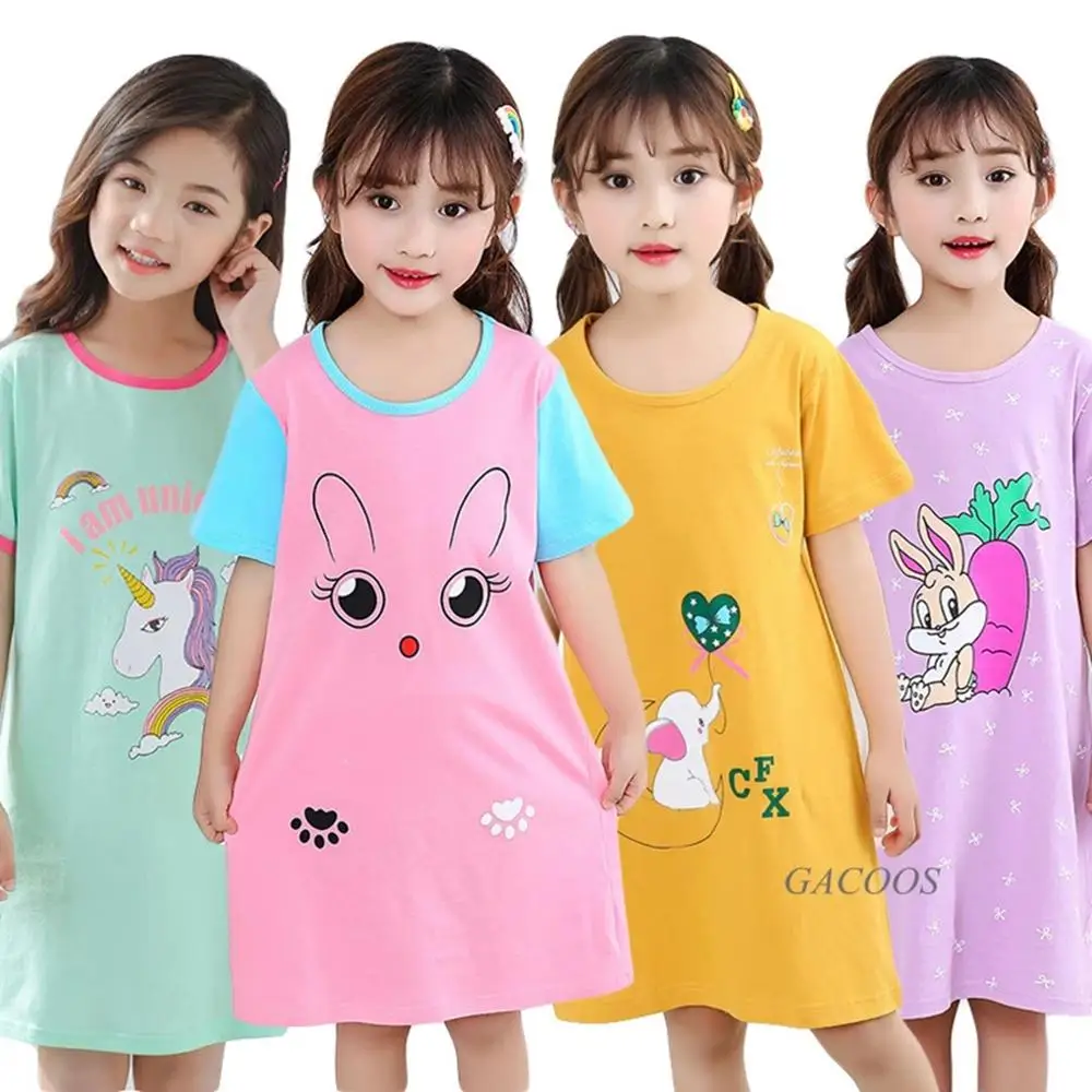 Kids Girls 100% Cotton Nightgowns Cartoon Nightdress Girl Sleepwear Sleepshirt Summer Short Sleeves Nightwear Children Clothes