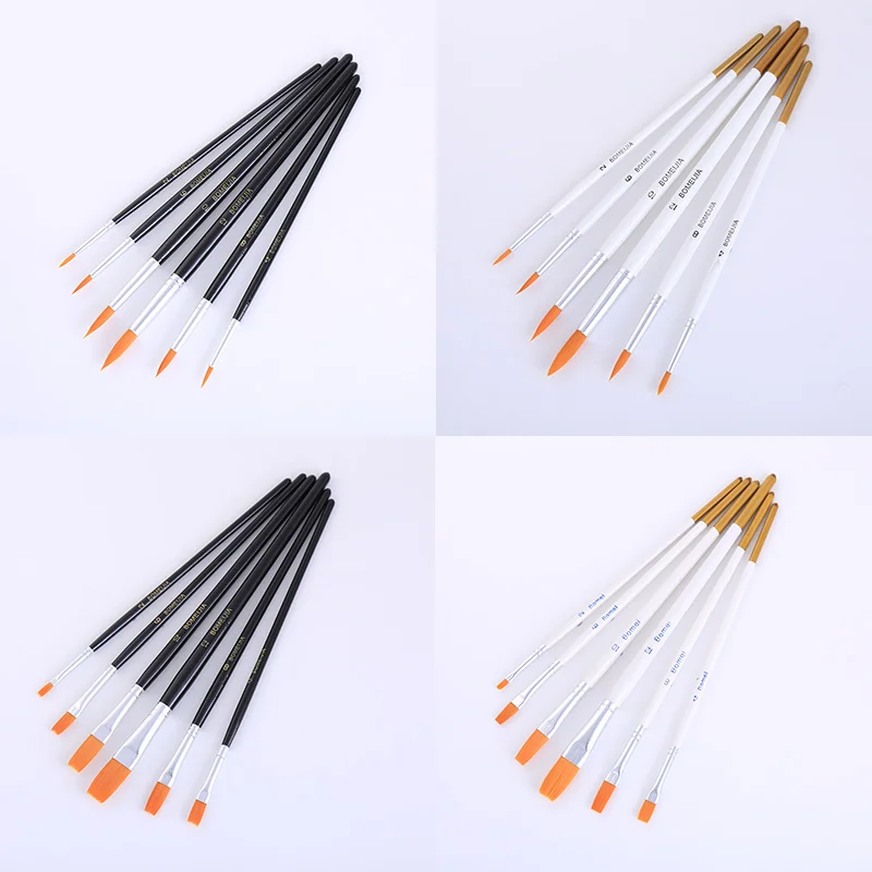 6Pcs Nylon Hair Flat / Round Tip Paint Brush Set For Learning Diy Oil Acrylic Painting Art Paint Brushes Supplies